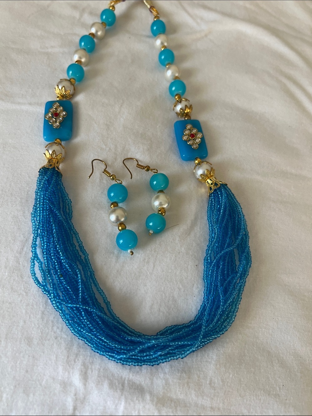 Turquoise Beaded Tassel Necklace and Earrings Set